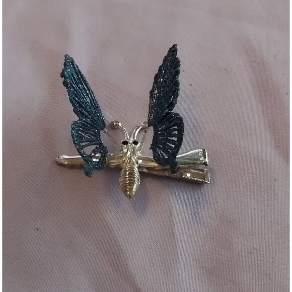 Vintage Silver Tone & Blue Butterfly Hair Clip Barrette - Picture 1 of 6